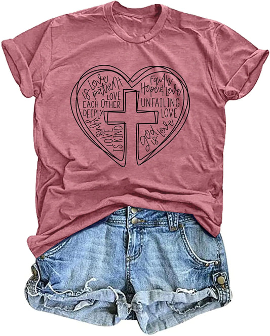 Christian Shirts for Women| Heart Bible Verse T Shirt |Cross Graphic Tee|Jesus Faith Tops