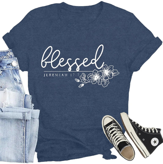 TShirt for Women |Blessed Letter Print Bible Verse T-Shirt| Retro Faith Short Sleeve Blue